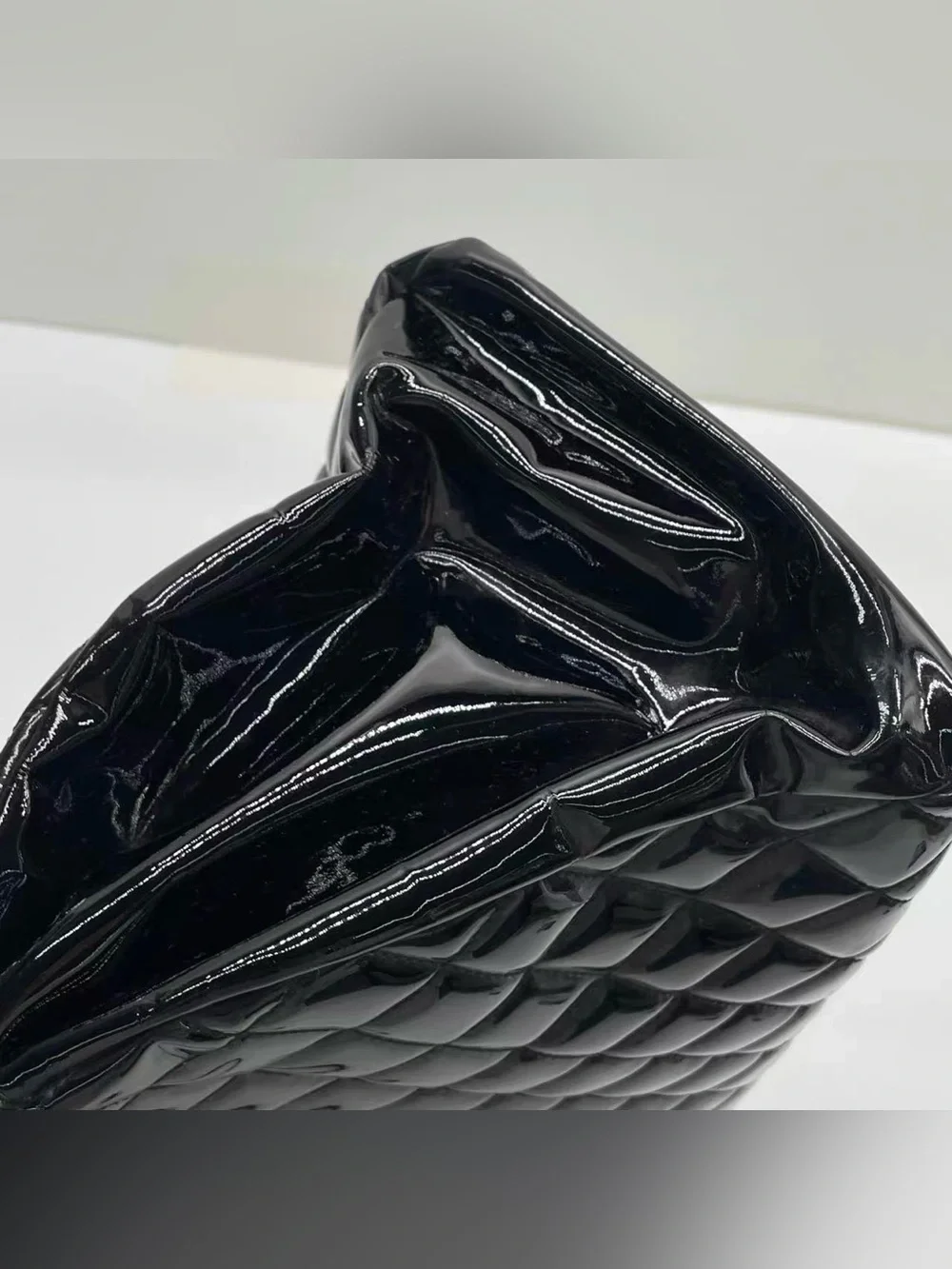 CHANEL Black Quilted Patent Shoulder Bag with Chain and CC Charm